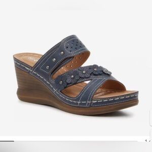 Patrizia Costmary Navy Floral Wedge Sandals interlocking strap design